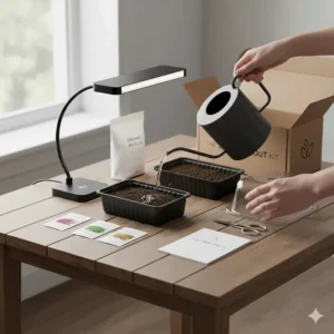 Adding water to the soil medium provided in the microgreens kit for optimal seed hydration.