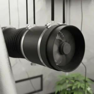 Close-up of a high-quality centrifugal or mixed-flow inline fan, a popular choice for silent exhaust in a grow tent.
