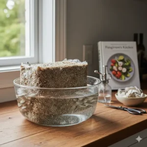 Illustration of soaking the substrate block in water to trigger a second harvest from the same kit.
