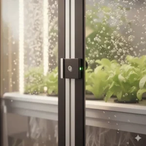 Close-up of the secure locking mechanism on the exterior of a grow cabinet for safety and restricted access.