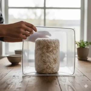 A plastic humidity tent placed over a shiitake mushroom kit to maintain moisture levels during growth.