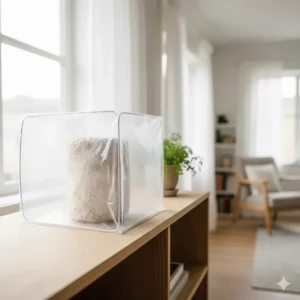 A shiitake mushroom kit placed in a bright room with indirect sunlight, away from direct heat sources.