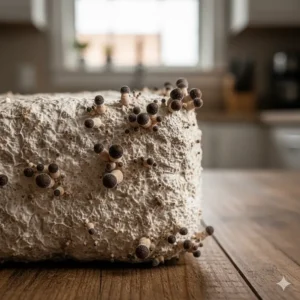 Close-up of small shiitake mushroom pins emerging from the surface of a brown cultivation block.