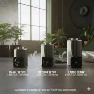 Comparison chart or visual showing how to match the required CFM rating of the fan to the appropriate size of the carbon filter for a grow tent.