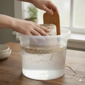 Submerging a shiitake mushroom substrate block in a bucket of cold water to initiate the fruiting cycle.