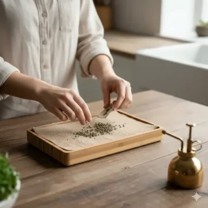 Close-up of hands evenly spreading seeds onto a soil-less hemp mat inside a microgreen growing tray.