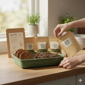 A person evenly spreading broccoli seeds onto soil using a microgreens growing kit for beginners.