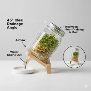 Step-by-step instructions for using a sprout growing kit: soak seeds, rinse daily, and drain thoroughly.