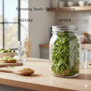 Illustration showing the correct inversion angle for a sprout growing kit to ensure proper drainage and airflow.