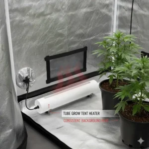 A low-profile tubular grow tent heater safely secured near the base of the tent, ideal for providing consistent background heat.