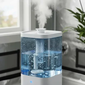 Close-up of an ultrasonic grow tent humidifier tank and mist nozzle, highlighting the cool mist technology.