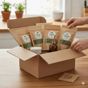 An open microgreens growing kit for beginners showing neatly packed seeds, misting bottle, and instructions.