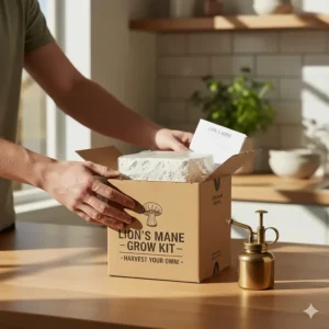 Unboxing a Lion's Mane mushroom grow kit showing the substrate block and spray mister.