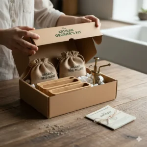 An open box showing the components of the best microgreen growing kit including seeds, growing medium, and spray bottle.