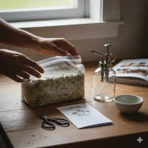 Contents of a professional oyster mushroom growing kit including substrate block and spray mister.