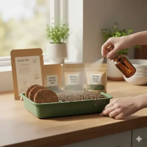 Using a spray bottle to water a newly planted microgreens growing kit for beginners to maintain moisture.