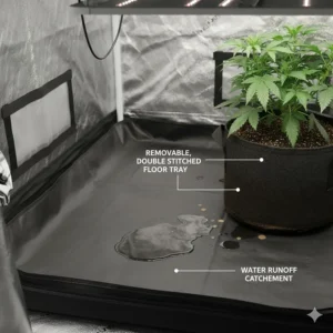Close-up of the removable, double-stitched, waterproof floor tray at the base of the 5x5 grow tent to catch spills and runoff.