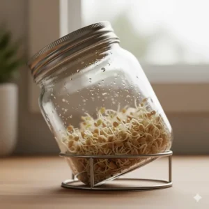 Close-up of germinating seeds inside an alfalfa sprout growing kit on the third day of growth.