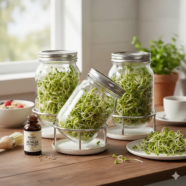 A complete alfalfa sprout growing kit featuring glass mason jars with mesh strainers and a fresh harvest of organic alfalfa sprouts.