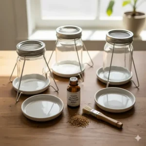 Close-up of alfalfa sprout growing kit components including seeds, jars, stands, and ceramic drip trays.
