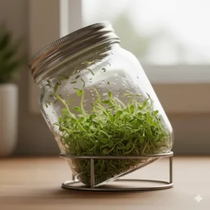 Fresh alfalfa sprouts turning green in indirect sunlight while still inside the sprouting jar.
