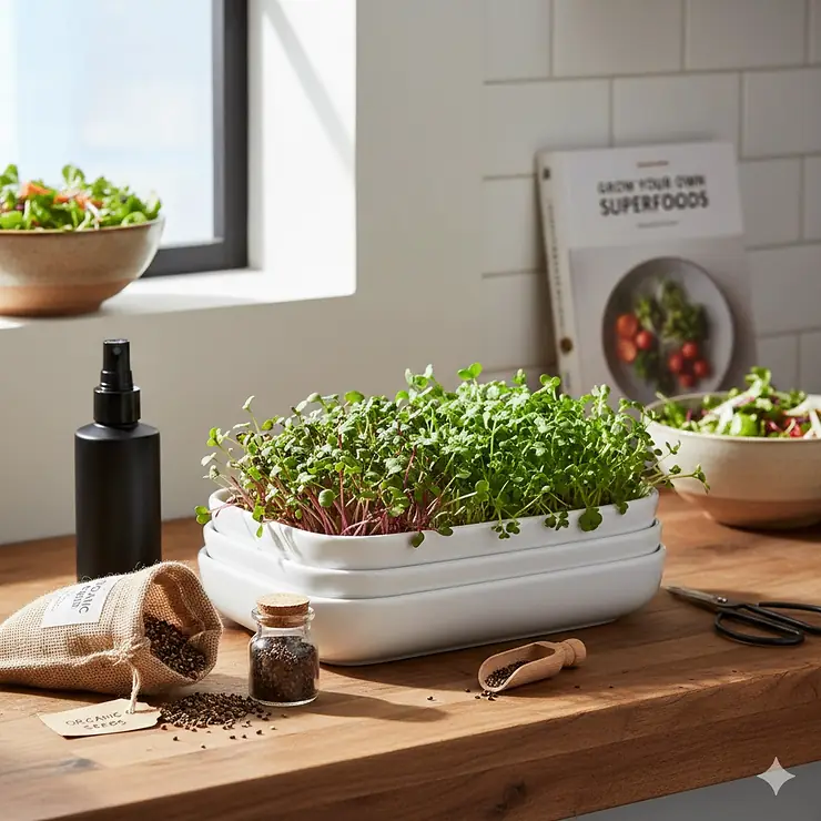 A complete and affordable microgreens growing kit displayed on a kitchen counter with lush green sprouts.