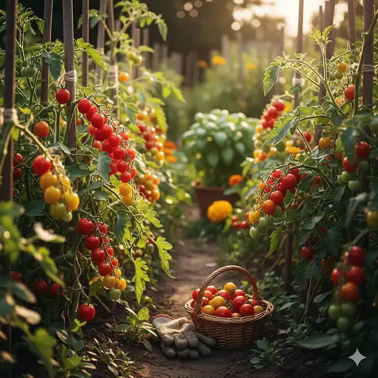 A bountiful harvest of ripe red and orange cherry tomatoes to grow in a home garden.
