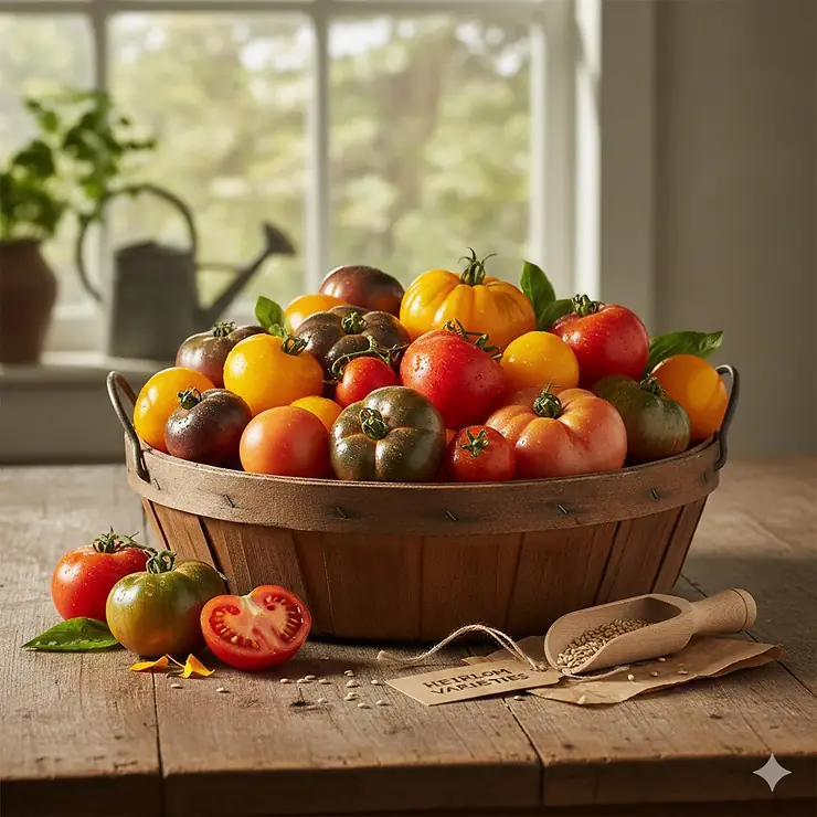 A vibrant assortment of sliced heirloom tomatoes in various colors and shapes, showcasing the diversity of plants grown from heirloom tomato seeds.
