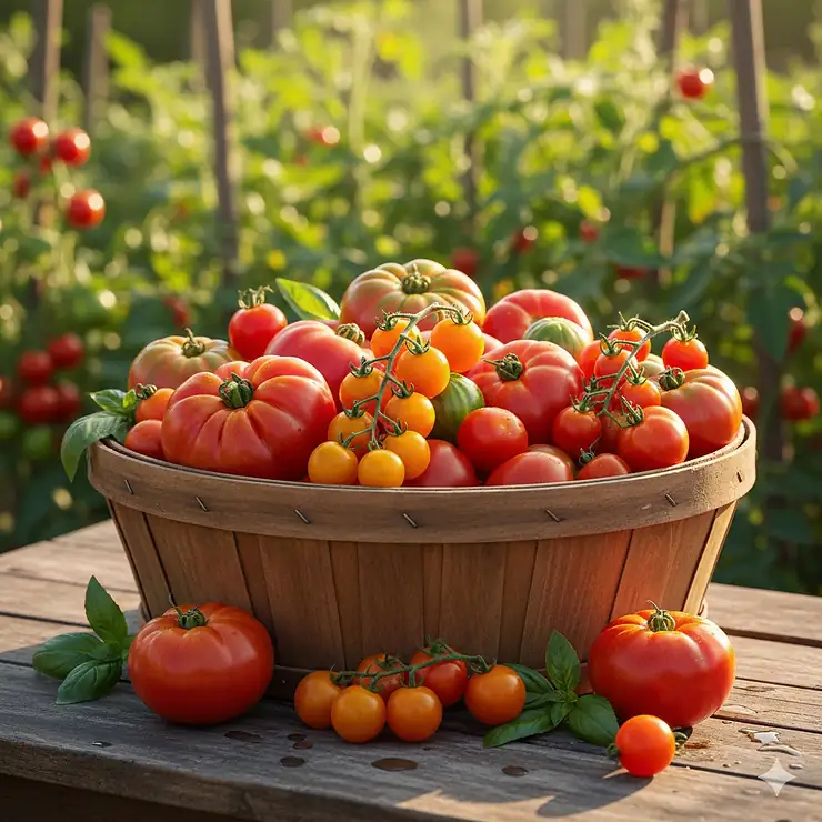 A diverse harvest of different hybrid tomato varieties including cherry, beefsteak, and plum tomatoes in a wooden basket.