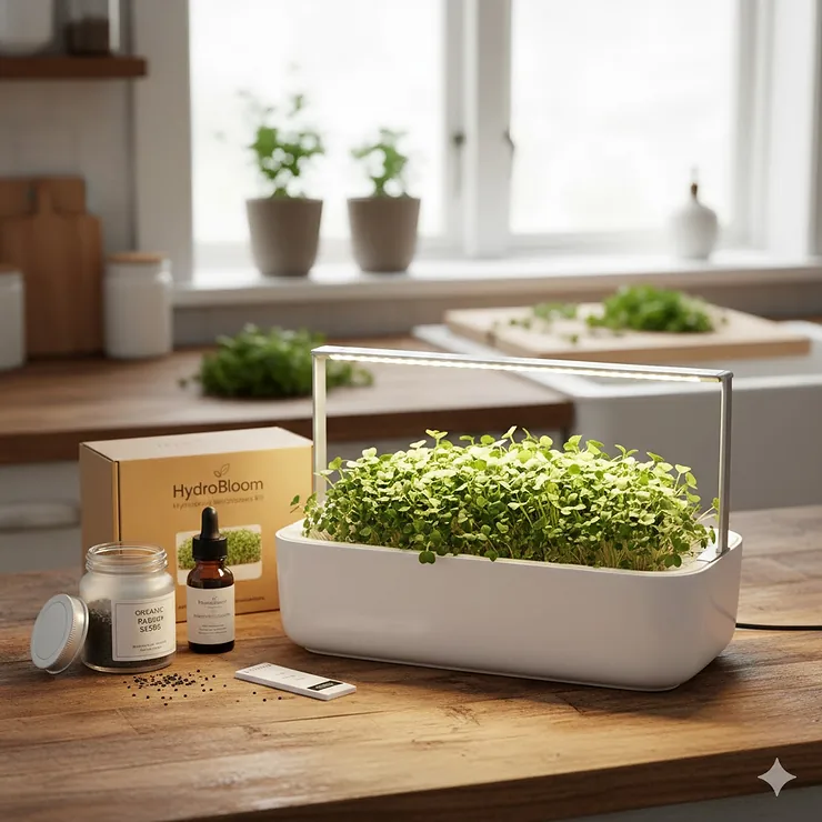 A complete hydroponic microgreens kit featuring a sleek growing tray, organic seeds, and lush green radish sprouts.