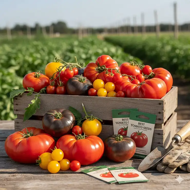 A vibrant assortment of heirloom and hybrid tomatoes harvested from the best tomato seeds, showing various colors and sizes.