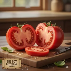 A large, sliced Big Boy hybrid beefsteak tomato showing dense flesh and minimal seeds.