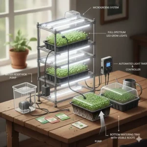 Illustration of the bottom-watering technique used in an automated complete microgreens growing system.