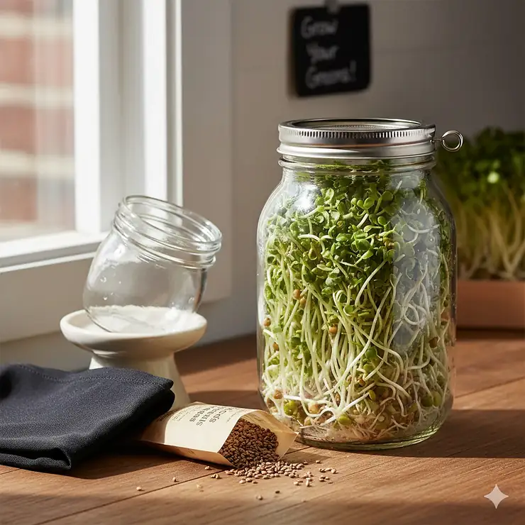 A complete broccoli sprout growing kit featuring a glass masonry jar, stainless steel mesh lid, and fresh organic green sprouts.
