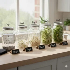 A step-by-step illustration showing the 5-day growth cycle of sprouts using a home growing kit.