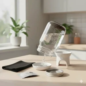 Illustration of a broccoli sprout growing kit jar propped on a stand at a 45-degree angle for optimal airflow.