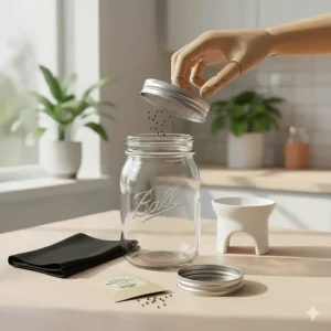 Illustrated breakdown of a broccoli sprout growing kit including seeds, jars, stands, and blackout covers.