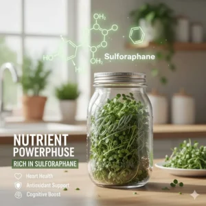 Illustration highlighting the high sulforaphane content found in homegrown broccoli sprouts.