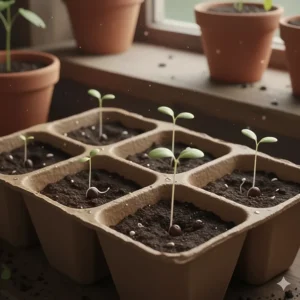 Illustration showing the first sprouts of cherry tomatoes to grow from seeds in a starter tray.