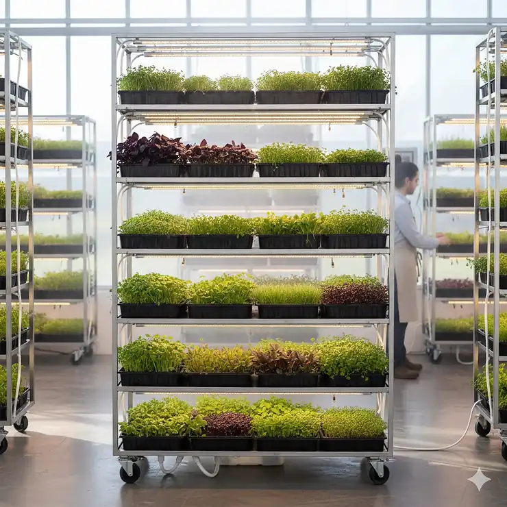 A multi-tier commercial microgreens growing kit with LED racks and automated irrigation in a professional greenhouse setting.