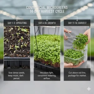 Illustration of the 7 to 14 day growth cycle from seed to harvest in a commercial-grade kit.
