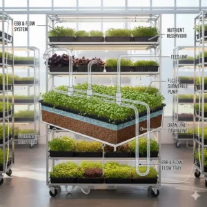 Technical illustration of an ebb and flow hydroponic system for a microgreens growing kit.