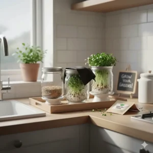 Illustration of a space-saving broccoli sprout growing kit organized on a modern kitchen countertop.