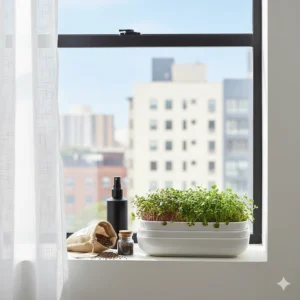 An illustration of an affordable microgreens growing kit fitting perfectly on a small apartment windowsill.