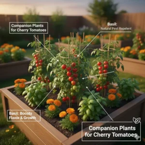 A garden map showing marigolds and basil planted alongside cherry tomatoes to grow healthier crops.