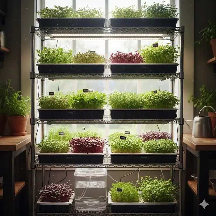 A complete microgreens growing system with multi-tier racks, LED grow lights, and lush green trays.