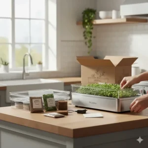 All-in-one countertop microgreens kit including grow trays, organic seeds, and soil discs.