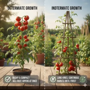 Illustration explaining determinate (bush) and indeterminate (vining) tomato growth patterns to help select the best seeds.