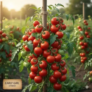 A healthy Early Girl hybrid tomato plant bearing clusters of ripe, medium-sized red fruits.