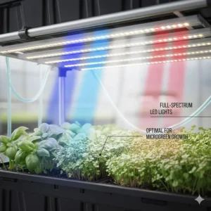 Diagram showing full-spectrum LED light placement above microgreen trays for optimal commercial growth.